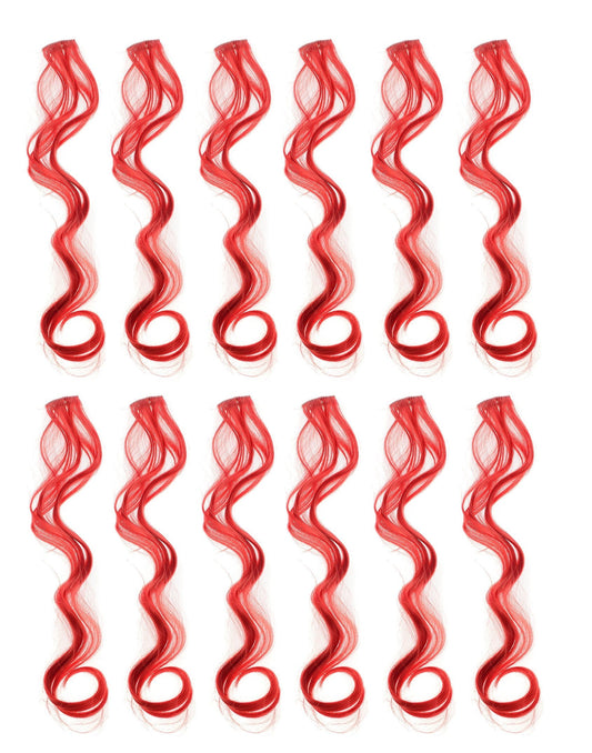 Swacc 12 Pcs Curly Wavy One Color Party Highlights Clip On In Hair Extensions Colored Hair Streak Synthetic Hairpieces (Red)