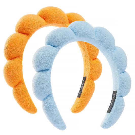 Ztomine Spa Headbands, Set Of 2 - Terry Cloth Face Wash Headband Combo Pack - Puffy Makeup Headbands For Face Washing, Mask (Blu