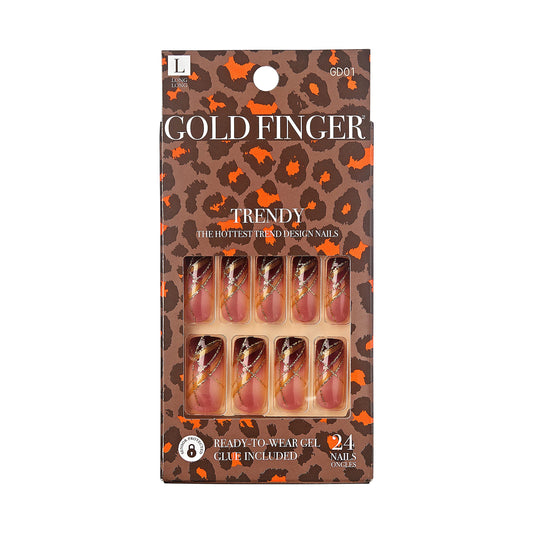 Gold Finger Gel Glam Press on Nail Dark Brown Glitter French Full Cover Luxurious Design, Square shape, Medium Length, MIni Glue