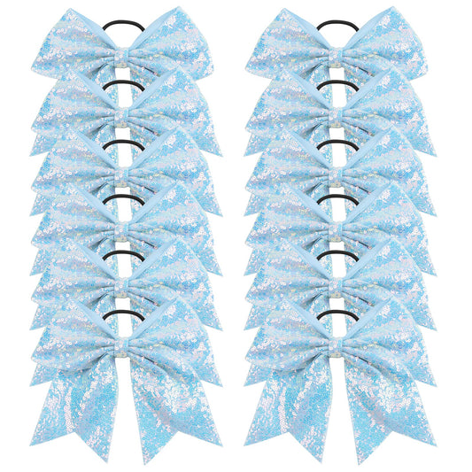 Oaoleer 12 Count 7'' Hair Ties For Girls - Sequin Glitter Cheer Bows, Large Sparkly Cheer Hair Bows For Competition, Purple & Go