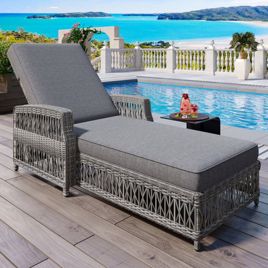 Outdoor Long Reclining Chaise, Wicker Lounge Chairs with 4 Level Position Adjustable Backrest, All Weather Patio Recliner with Armrests & Removable for Poolside Garden, Grey